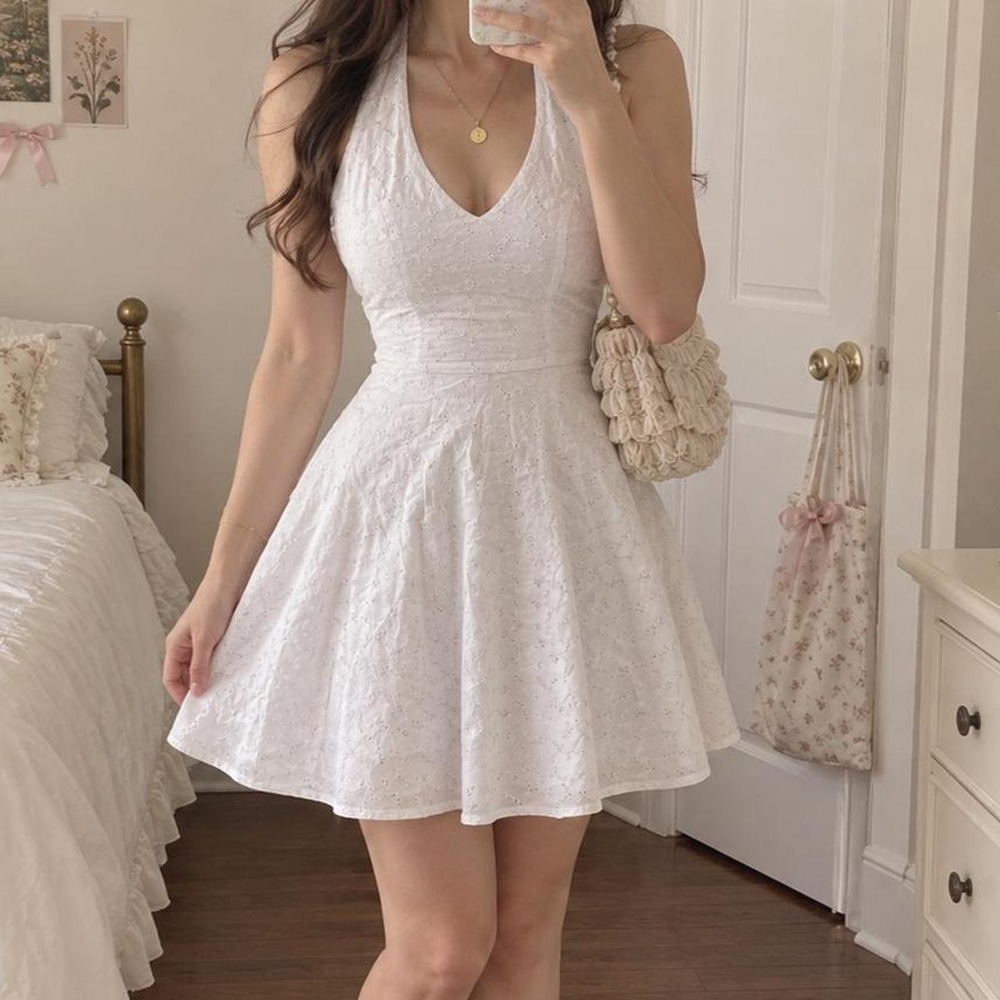 White Eyelet Halter Dress  Y2K Ruby Rox size 3 white eyelet halter mini dress